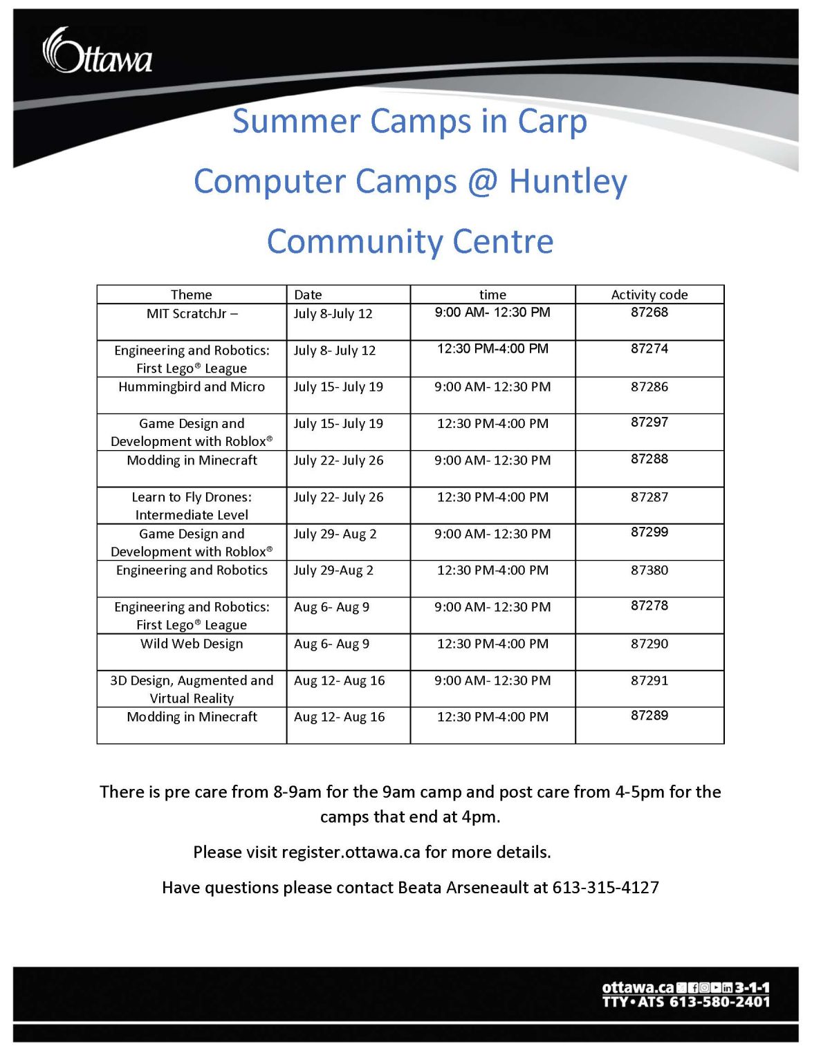 City of Ottawa Summer Camp Program and Job Opportunities Huntley